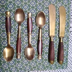 Inlaid Brass Wood Teaspoons Butter Knives